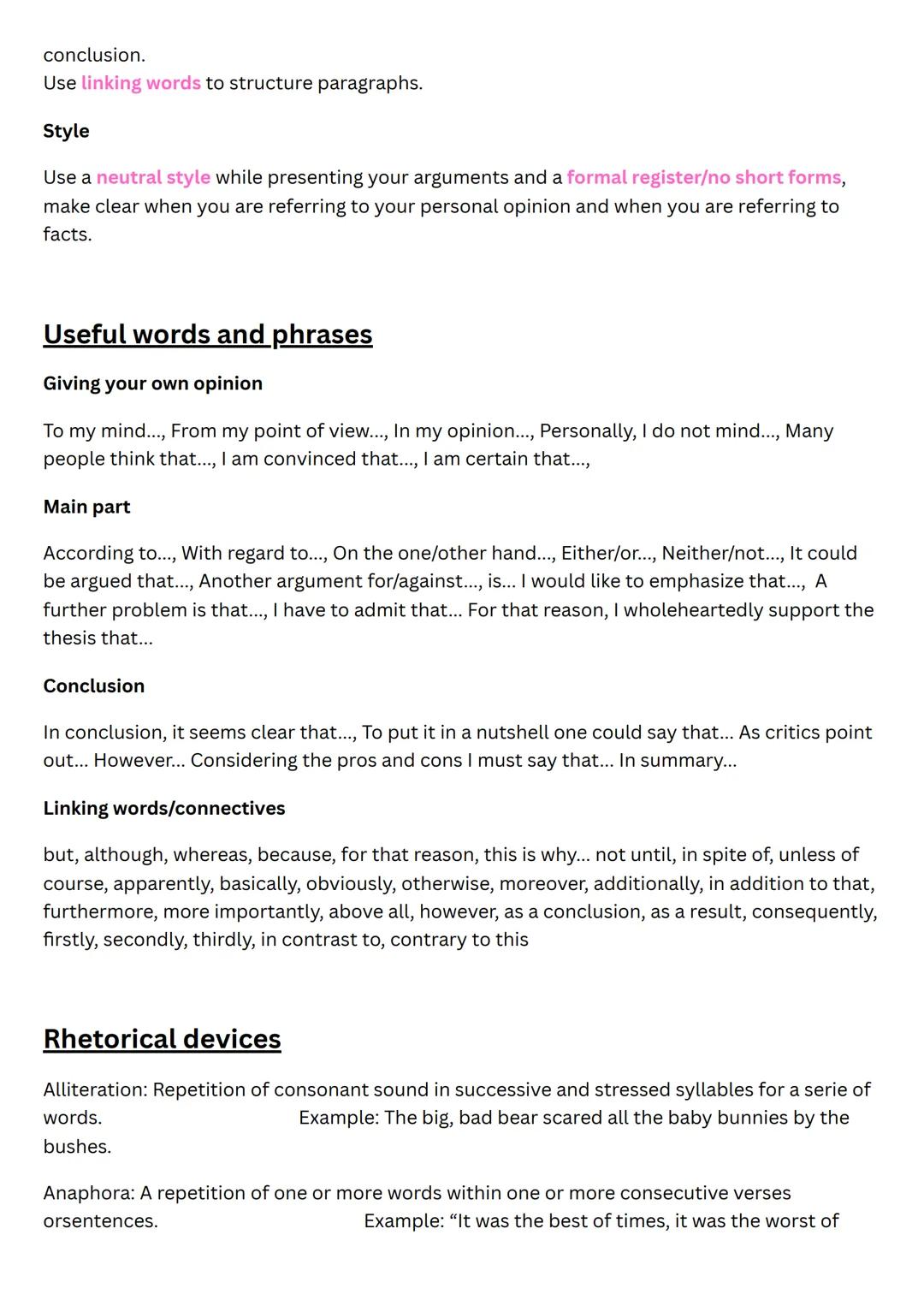 Text Analysis and Comment
Non-fictional text analysis
⚫ structure/line of argument (argumentative structure)
• style/tone/register/choice of