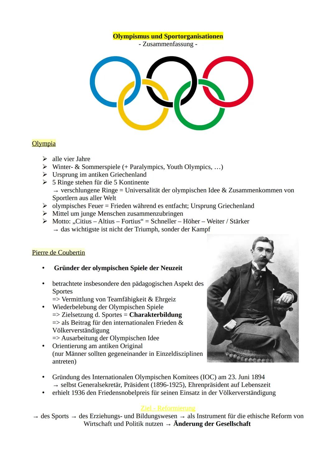 # Olympismus und Sportorganisationen
- Zusammenfassung -
Olympia
➤ alle vier Jahre
➤ Winter- & Sommerspiele (+ Paralympics, Youth Olympic