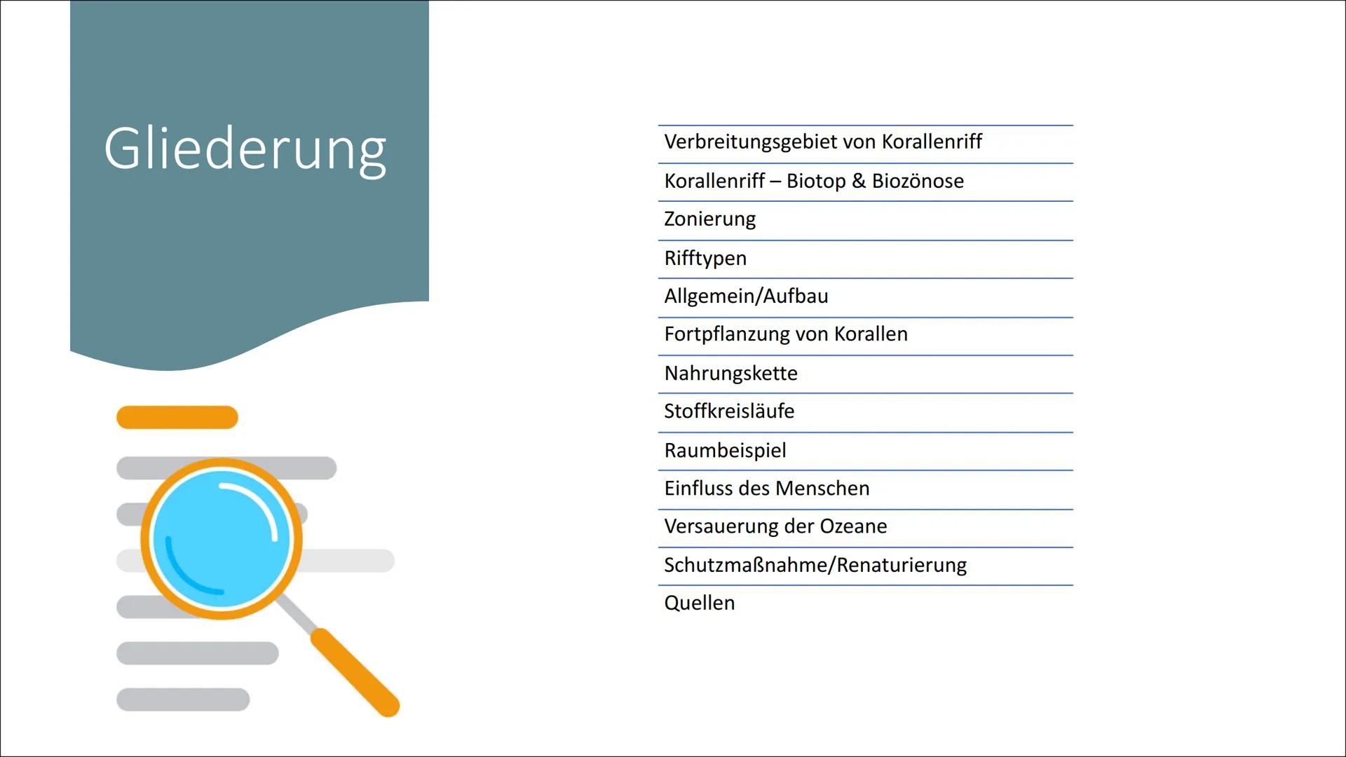 Stall
Ökosystem
Korallenriff Gliederung
Verbreitungsgebiet von Korallenriff
Korallenriff - Biotop & Biozönose
Zonierung
Rifftypen
Allgemein/