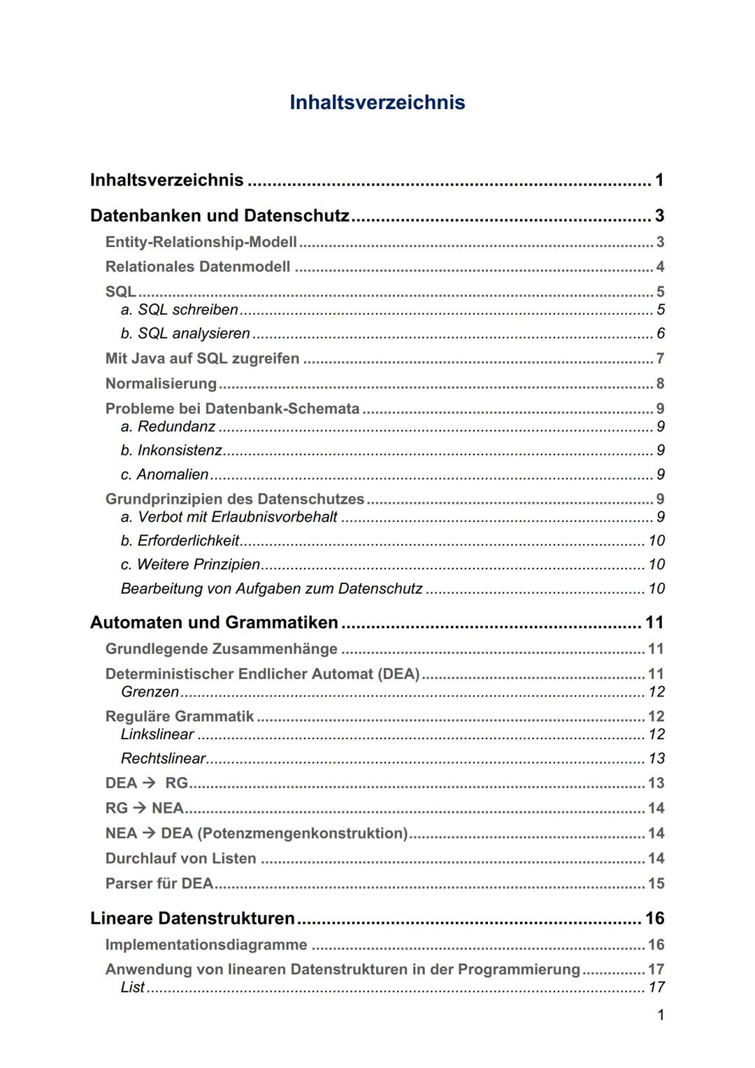 INFORMATIK
ABITUR
LERNZETTEL Inhaltsverzeichnis
Inhaltsverzeichnis
Datenbanken und Datenschutz..
Entity-Relationship-Modell.
Relationales Da