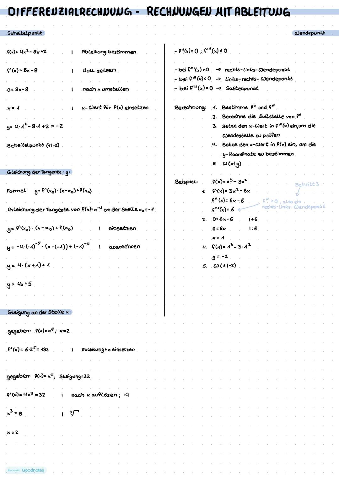 # DIFFERENTIALRECHNUNG - ABLEITUNG
Ableitungsregeln:
1. Potenzregel: $f(x) = x^n$ → $f'(x)= n \cdot x^{n-1}$
2. Regel für konstante Summa