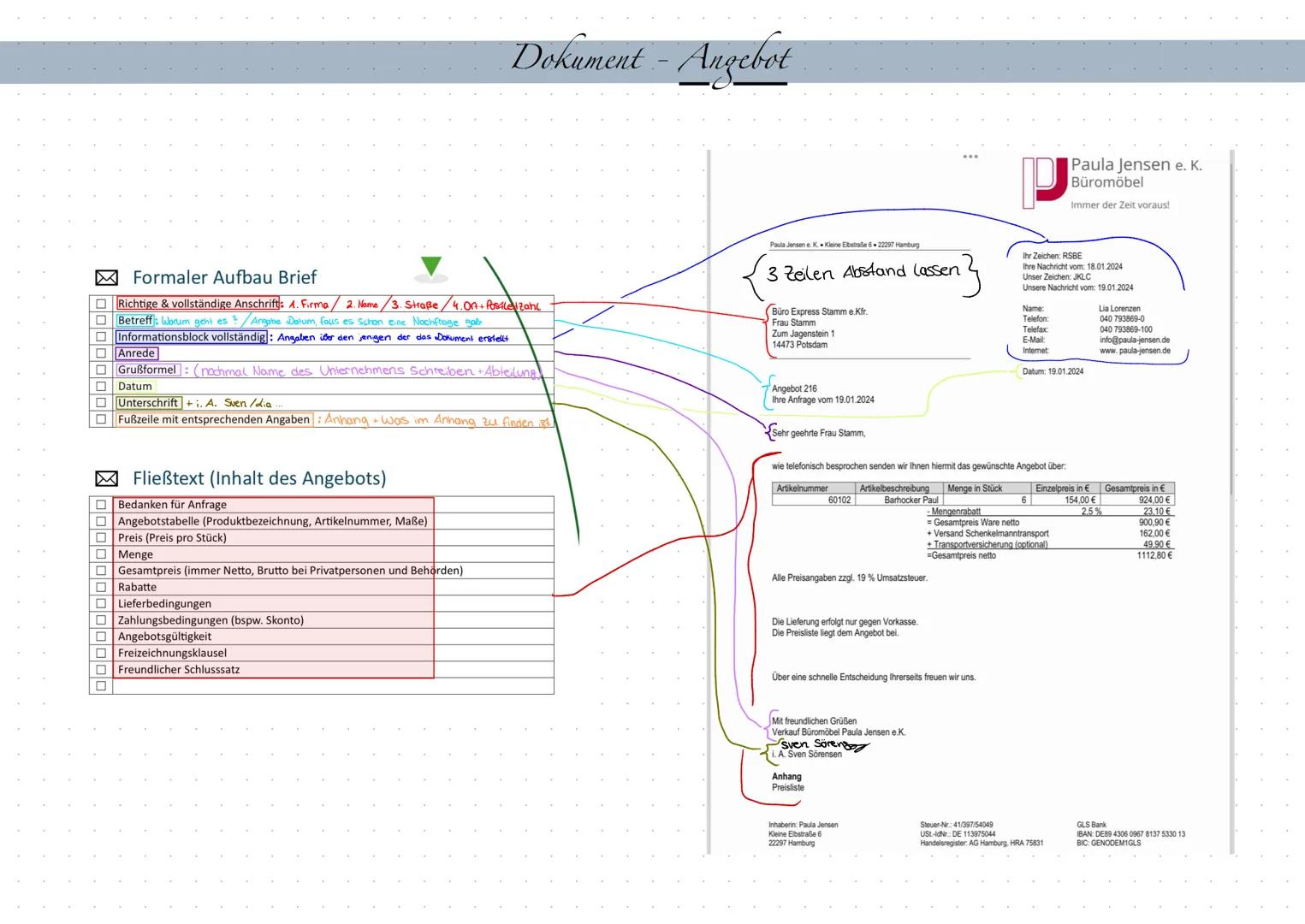 # Dokument - Angebot
P
Paula Jensen e. K.
Büromöbel
Immer der Zeit voraus!
☑ Formaler Aufbau Brief
Π Richtige & vollständige Anschrift: