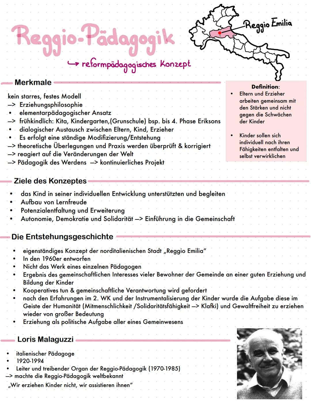 # Reggio-Pädagogik
→ reformpädagogisches Konzept
## Merkmale
kein starres, festes Modell
-> Erziehungsphilosophie
elementarpädagogische