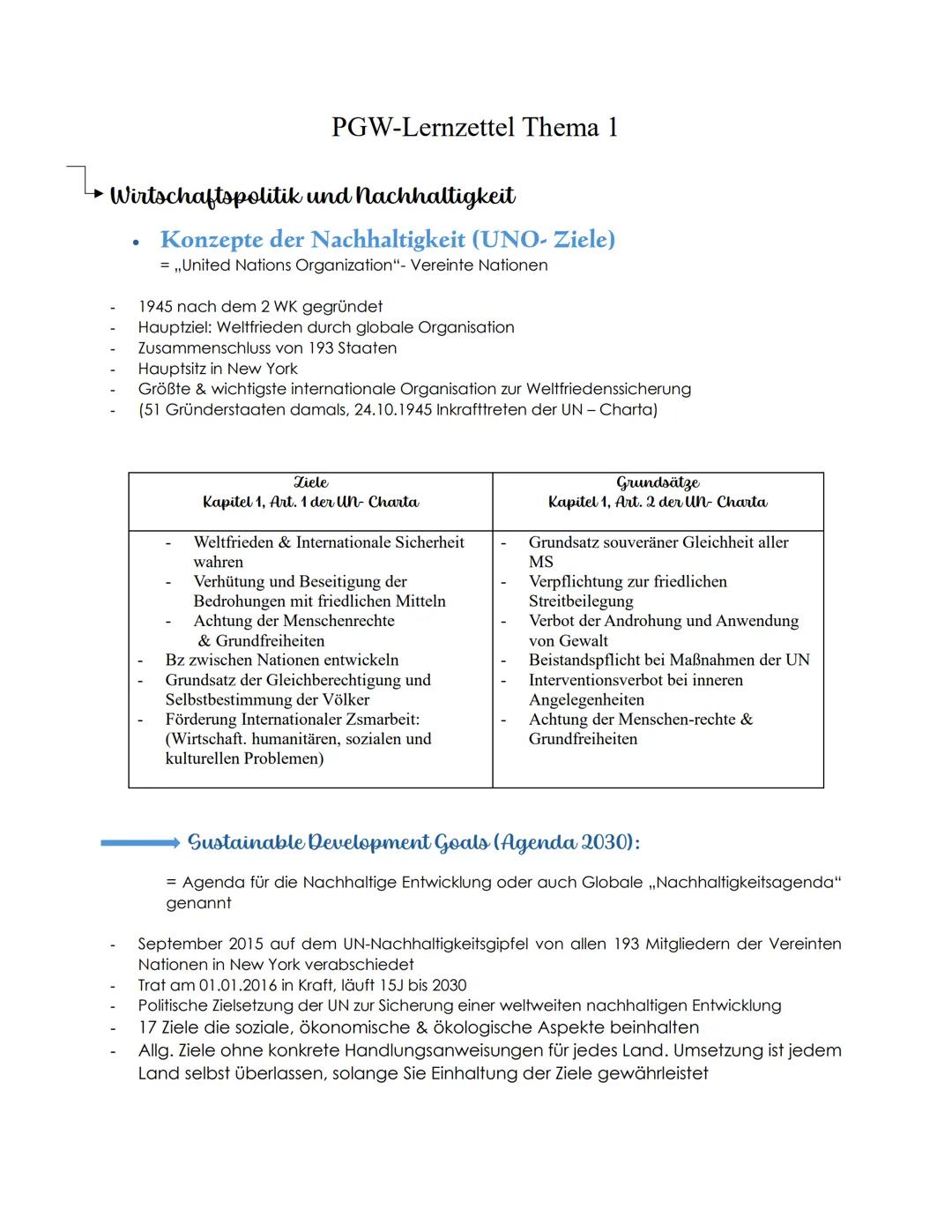 PGW-Lernzettel Thema 1
Wirtschaftspolitik und nachhaltigkeit
.
Konzepte der Nachhaltigkeit (UNO- Ziele)
,,United Nations Organization"- Vere