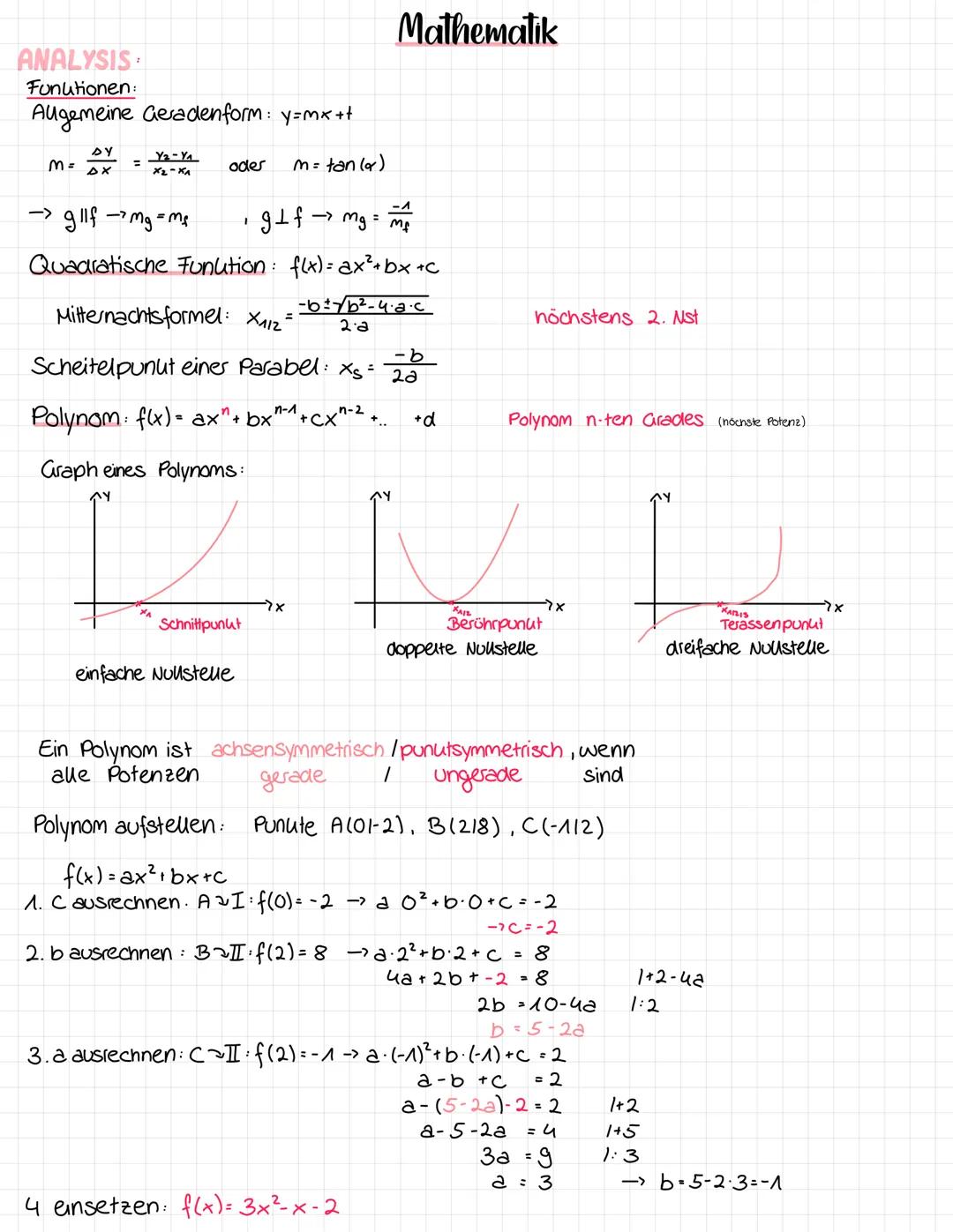 ANALYSIS
Funutionen:
Algemeine Geradenform: y=mx++
Mathematik
DY
M=
=
Ya-Ya
x2-x^
oder
m=tan (a)
->
· gllf-mg = ms
g+f.
→ mg = M
Quadratisch