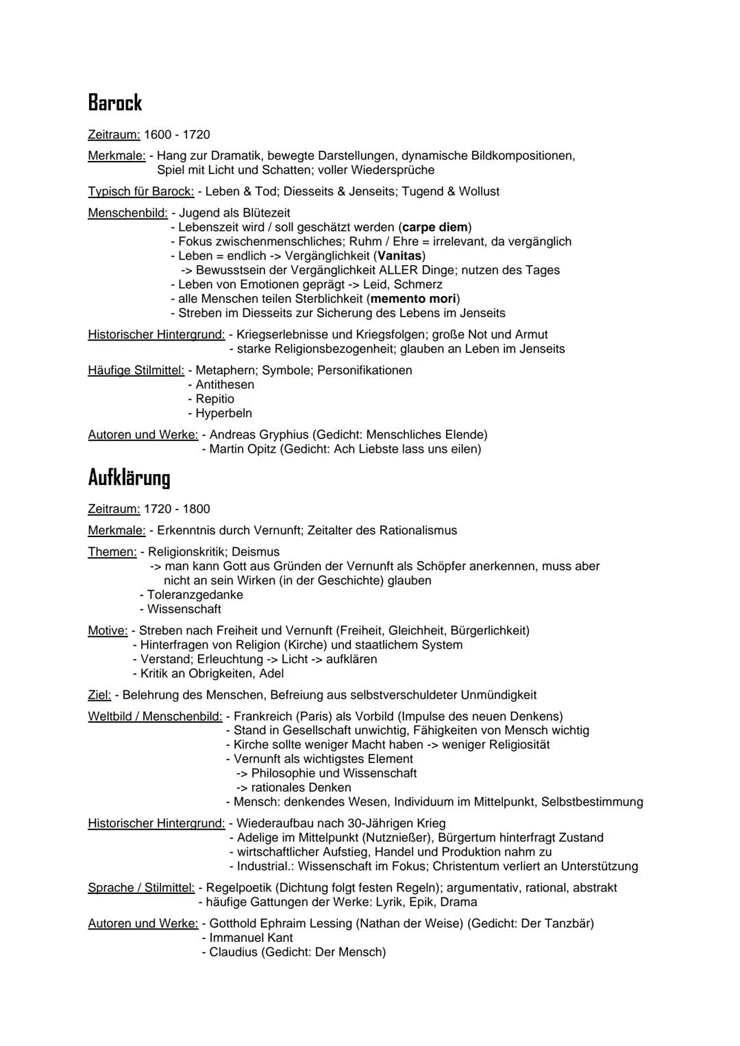 Deutsch Abitur Lernzettel
EPOCHENÜBERSICHT
Barock
(1600 - 1720)
Aufklärung
(1720-1800)
Romantik
(1795-1848)
Weimarer Klassik
(1786-1832)
Emp