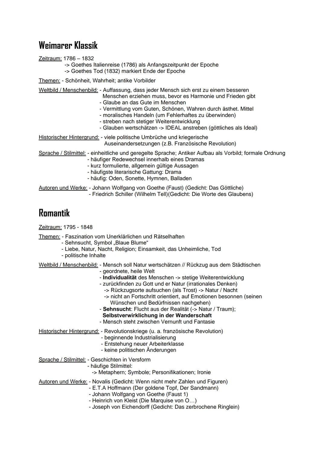 Deutsch Abitur Lernzettel
EPOCHENÜBERSICHT
Barock
(1600 - 1720)
Aufklärung
(1720-1800)
Romantik
(1795-1848)
Weimarer Klassik
(1786-1832)
Emp