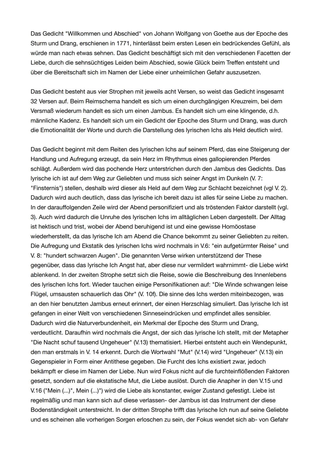 Das Gedicht "Willkommen und Abschied" von Johann Wolfgang von Goethe aus der Epoche des
Sturm und Drang, erschienen in 1771, hinterlässt bei