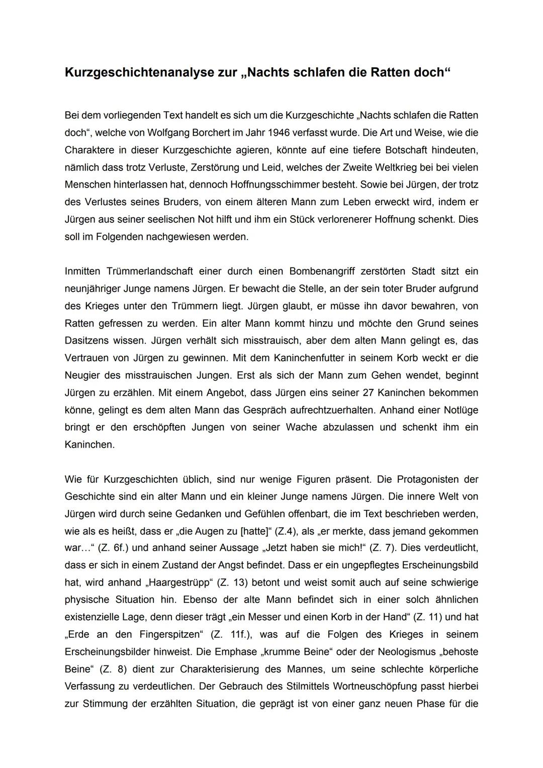 # Kurzgeschichtenanalyse zur „Nachts schlafen die Ratten doch"
Bei dem vorliegenden Text handelt es sich um die Kurzgeschichte „Nachts schl