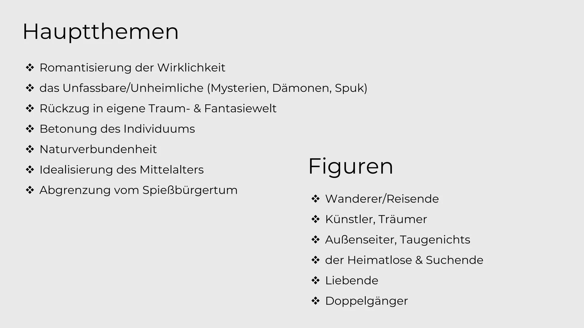 Romantik
die Epoche der
großen Gefühle Gliederung
1. zeitliche Einordnung
2. historischer Hintergrund
3. Merkmale
■
■
■
☐
Hauptthemen
Figure