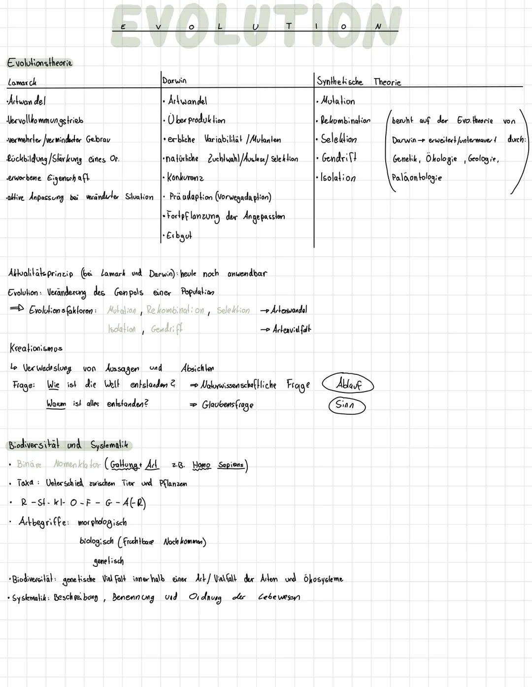 # E V O L U T I O N
Evolutionstheorie
Lamarck
- Artwan del
- Vervollkommungstrieb
- vermehrter/verminderter Gebrav
- lückbildung/Stärkung