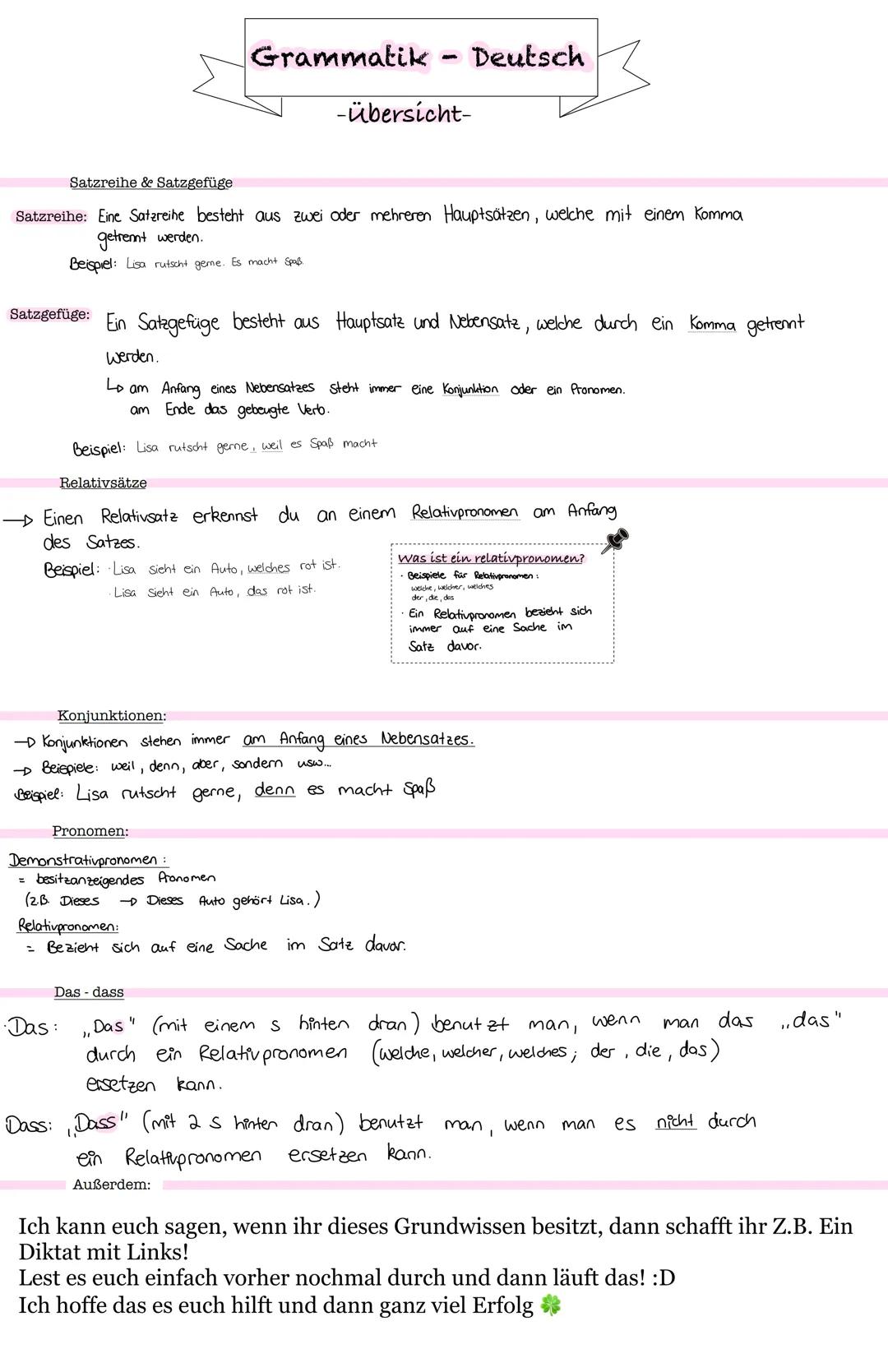 Grammatik
-
Deutsch
-Übersicht-
Satzreihe & Satzgefüge
Satzreihe: Eine Satzreihe besteht aus zwei oder mehreren Hauptsätzen, welche mit eine
