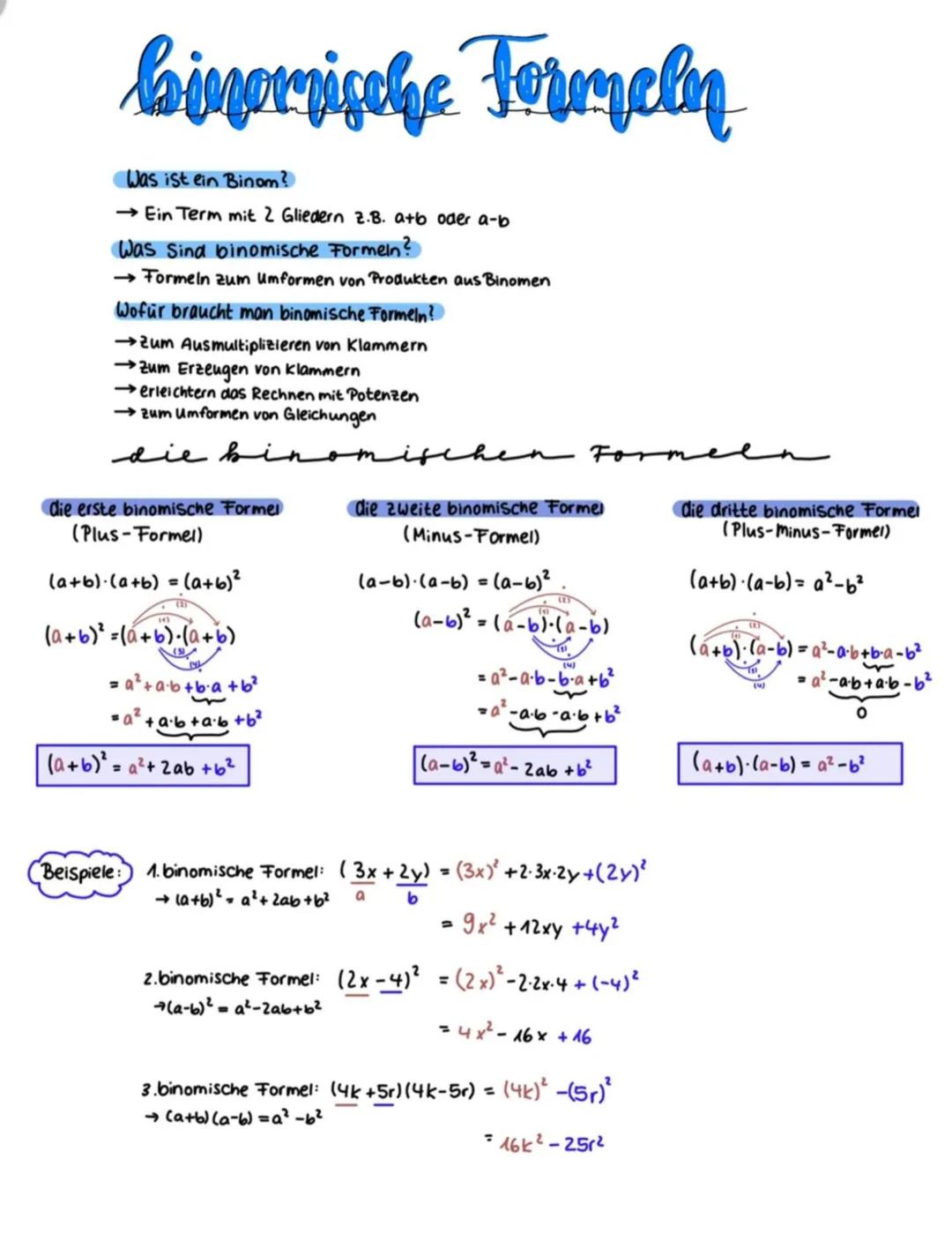 binorrische Formeln
Was ist ein Binom?
→ Ein Term mit 2 Gliedern Z.B. a+b oder a-b
Was sind binomische Formeln?
→Formeln zum Umformen von Pr