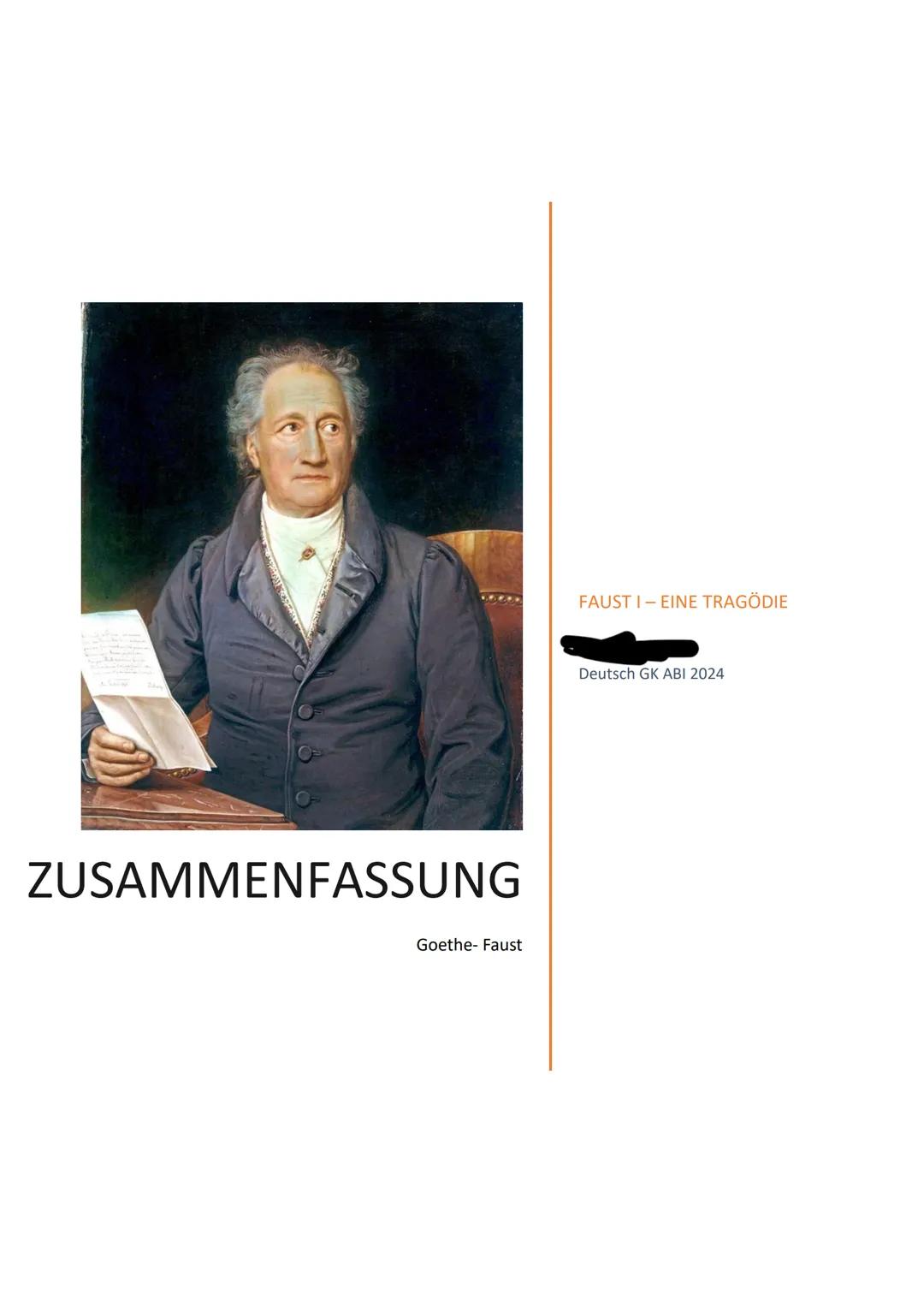 # ZUSAMMENFASSUNG
FAUST I – EINE TRAGÖDIE
Deutsch Gk ABI 2024
Goethe- Faust # Faust I- Eine Tragödie
Lektüre, Goethe, Faust I
Titel: Fau