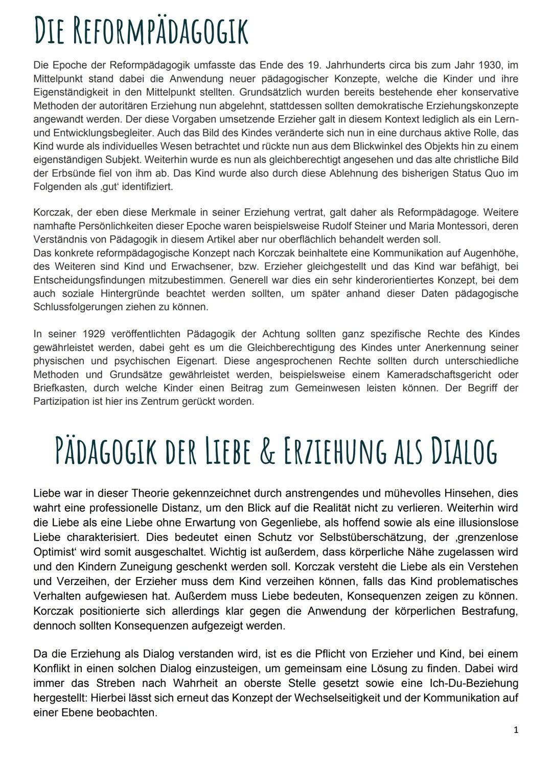 Janusz Korczak (Reformpädagogisches Konzept)
Geboren 1878 als Henryk Goldszmit und 1942 im konzentrationslager mit seinen 200 Jüdischen Wais