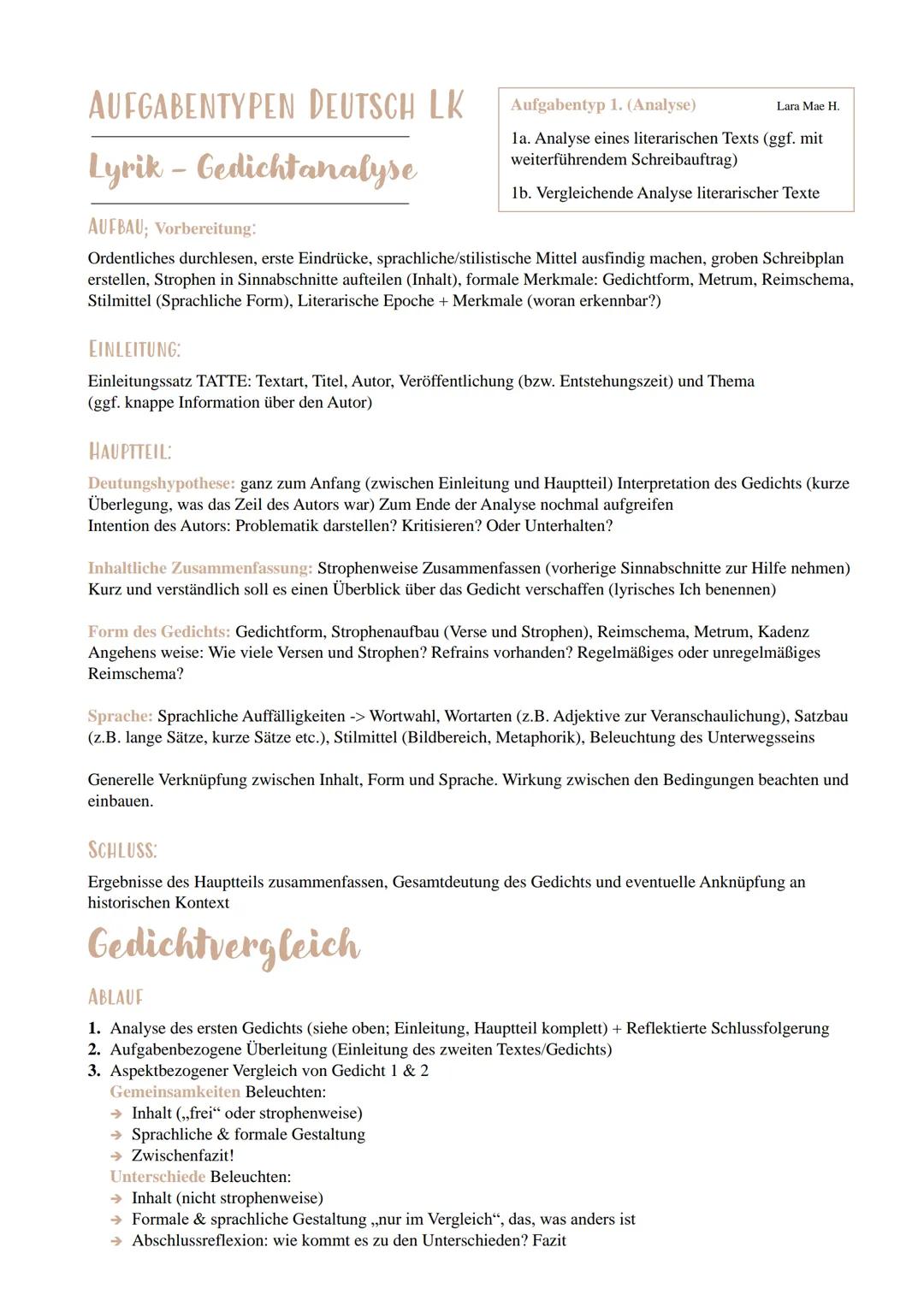 AUFGABENTYPEN DEUTSCH LK
Lyrik - Gedichtanalyse
AUFBAU; Vorbereitung:
Aufgabentyp 1. (Analyse)
Lara Mae H.
1a. Analyse eines literarischen T