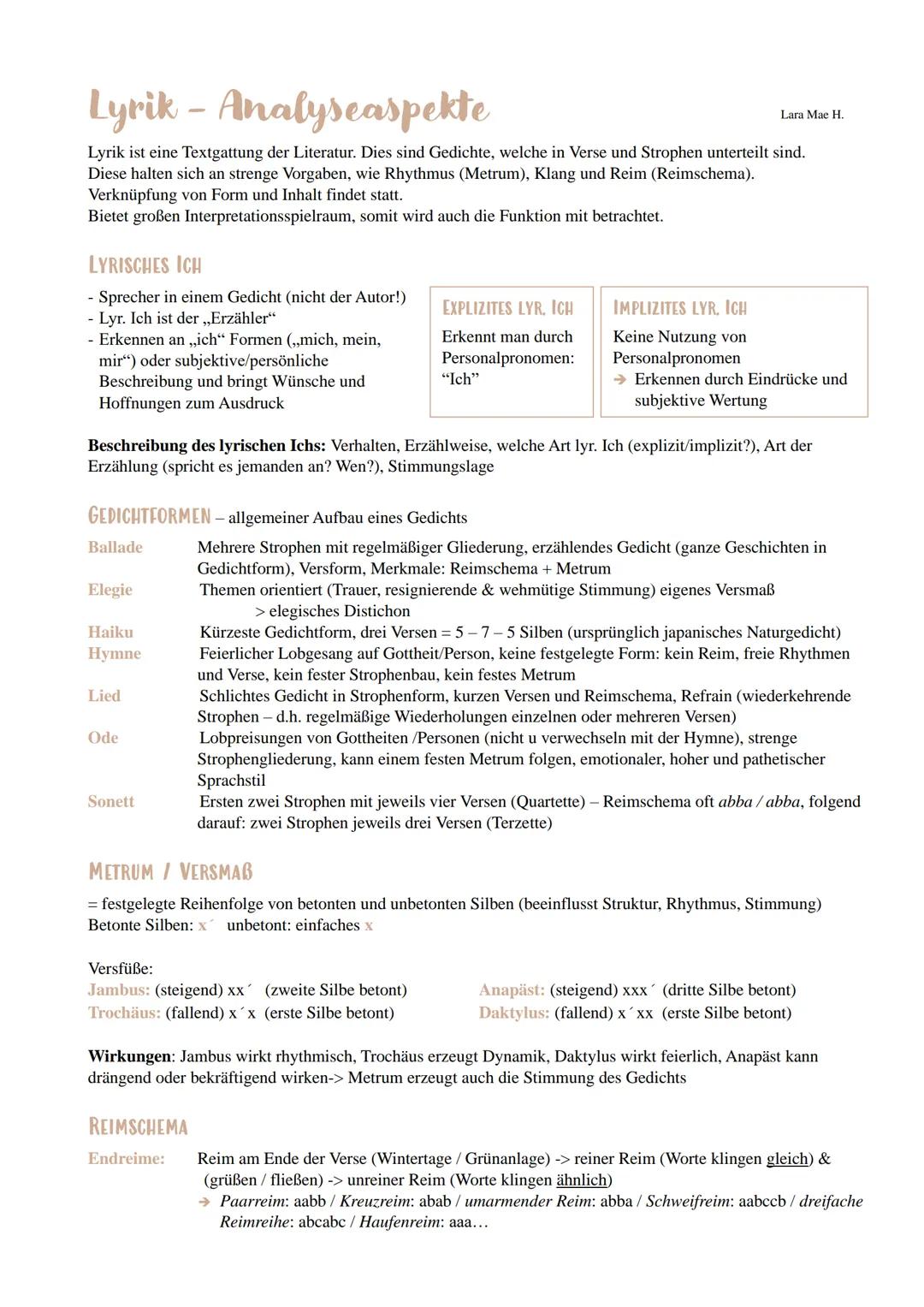 AUFGABENTYPEN DEUTSCH LK
Lyrik - Gedichtanalyse
AUFBAU; Vorbereitung:
Aufgabentyp 1. (Analyse)
Lara Mae H.
1a. Analyse eines literarischen T