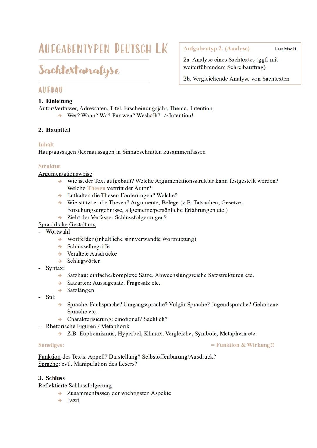 AUFGABENTYPEN DEUTSCH LK
Sachtextanalyse
AUFBAU
1. Einleitung
Aufgabentyp 2. (Analyse)
Lara Mae H.
2a. Analyse eines Sachtextes (ggf. mit
we