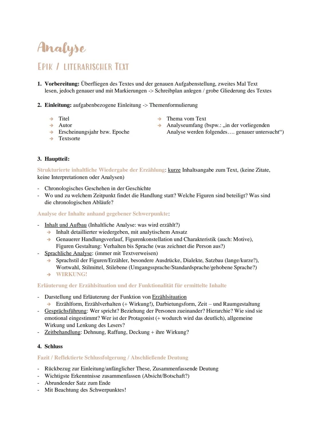 Analyse
EPIK/LITERARISCHER TEXT
1. Vorbereitung: Überfliegen des Textes und der genauen Aufgabenstellung, zweites Mal Text
lesen, jedoch gen