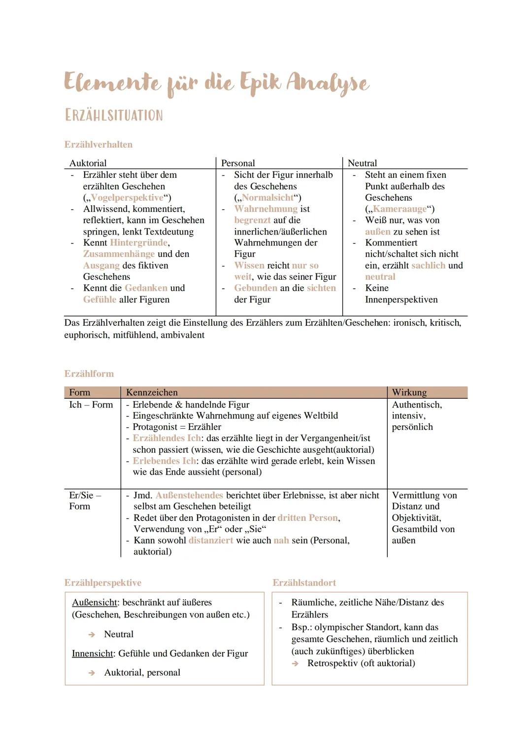 Analyseaspekte für die Epik Analyse / Erzähltextanalyse
