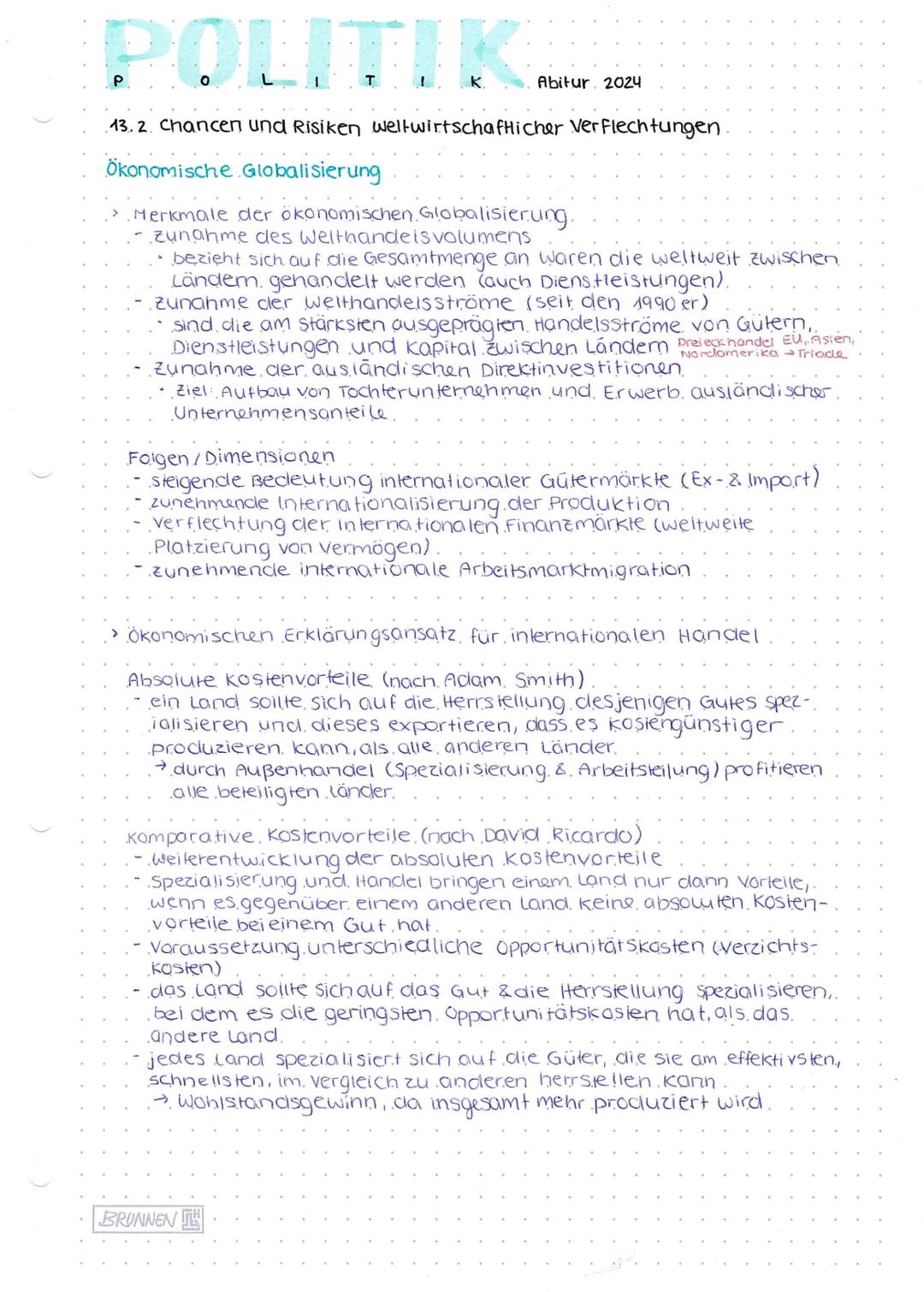POLITIK
Abitur. 2024
13.2. Chancen und Risiken weltwirtschaftlicher Verflechtungen.
Ökonomische Globalisierung
› Merkmale der ökonomischen.