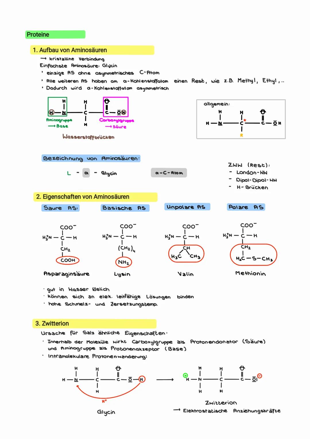 PROTEINE
כר Proteine
1. Aufbau von Aminosäuren
kristalline Verbindung
Einfachste Aminosäure: Glycin
'
einzige AS ohne asymmetrisches C-Atom