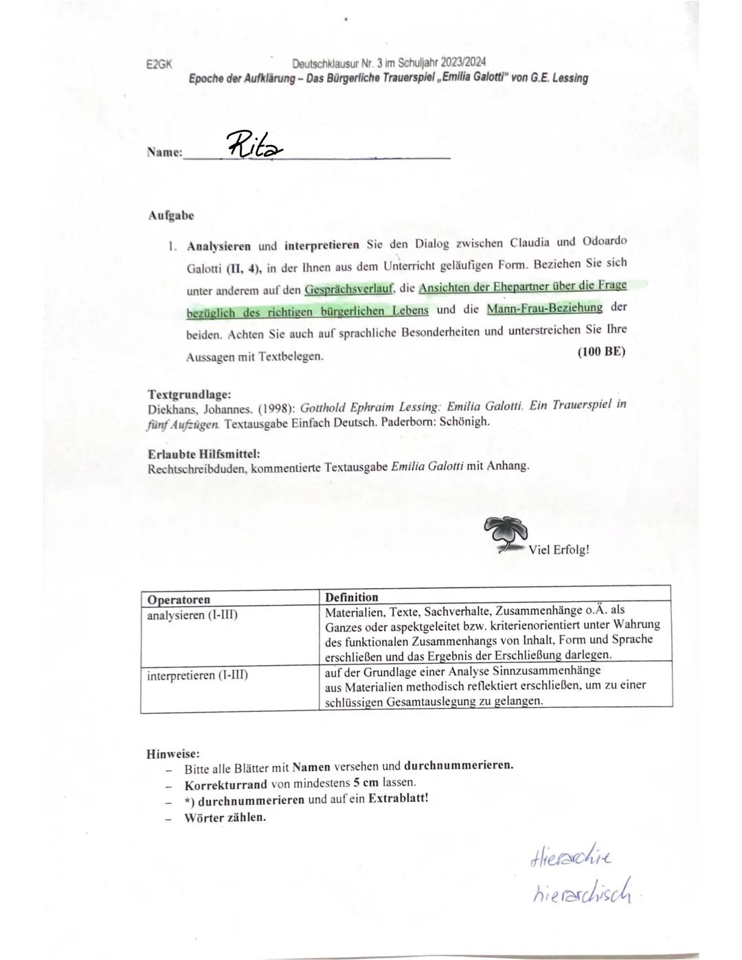 E2GK
Deutschklausur Nr. 3 im Schuljahr 2023/2024
Epoche der Aufklärung - Das Bürgerliche Trauerspiel Emilia Galotti" von G.E. Lessing
Name: