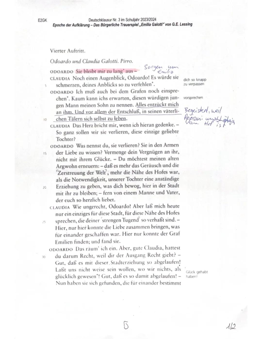 E2GK
Deutschklausur Nr. 3 im Schuljahr 2023/2024
Epoche der Aufklärung - Das Bürgerliche Trauerspiel Emilia Galotti" von G.E. Lessing
Name: