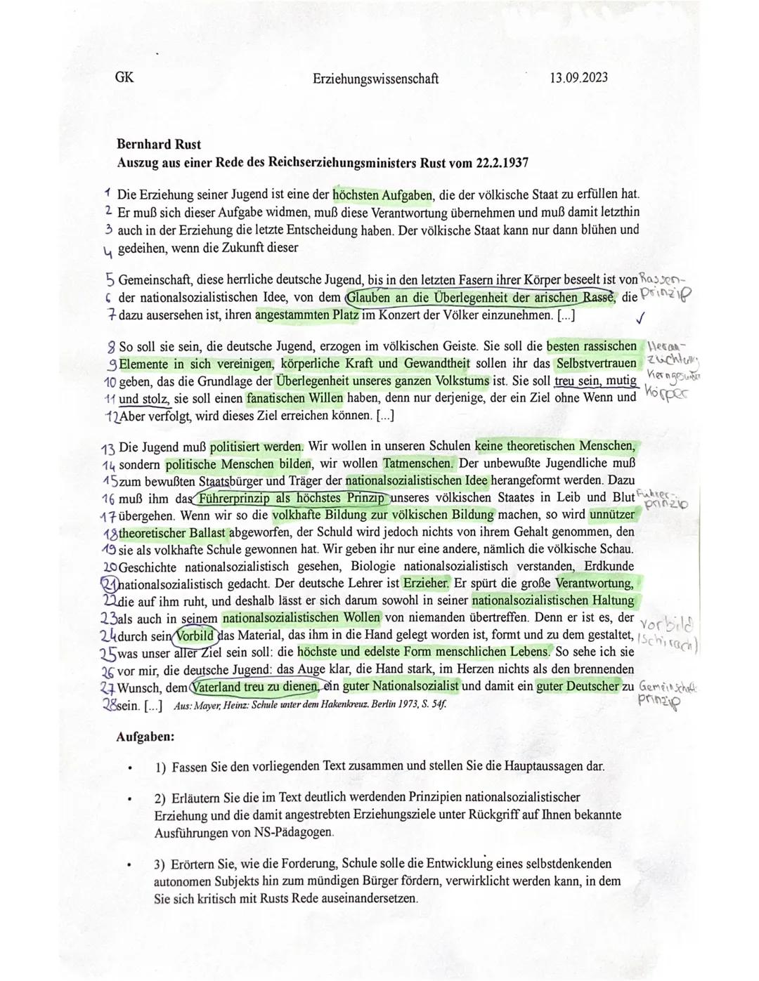 GK
Erziehungswissenschaft
13.09.2023
Bernhard Rust
Auszug aus einer Rede des Reichserziehungsministers Rust vom 22.2.1937
1 Die Erziehung se