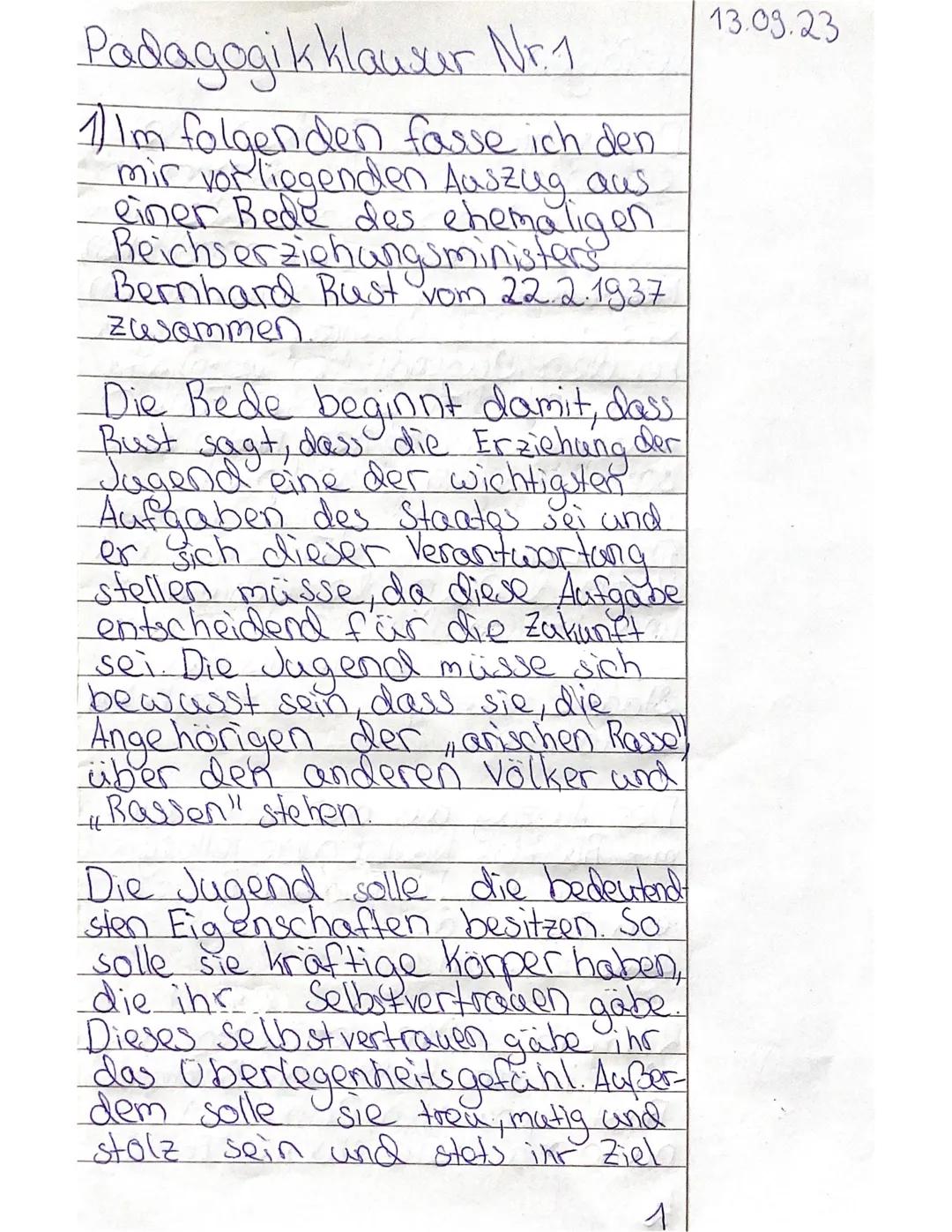 GK
Erziehungswissenschaft
13.09.2023
Bernhard Rust
Auszug aus einer Rede des Reichserziehungsministers Rust vom 22.2.1937
1 Die Erziehung se