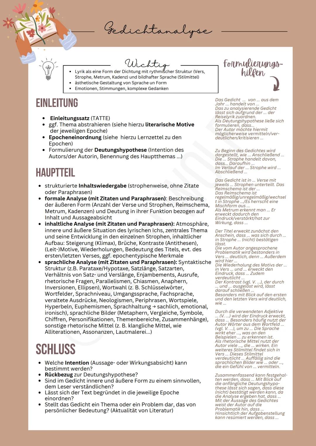 Gedichtanalyse
Wichtig
• Lyrik als eine Form der Dichtung mit rythmischer Struktur (Vers,
Strophe, Metrum, Kadenz) und bildhafter Sprache (S