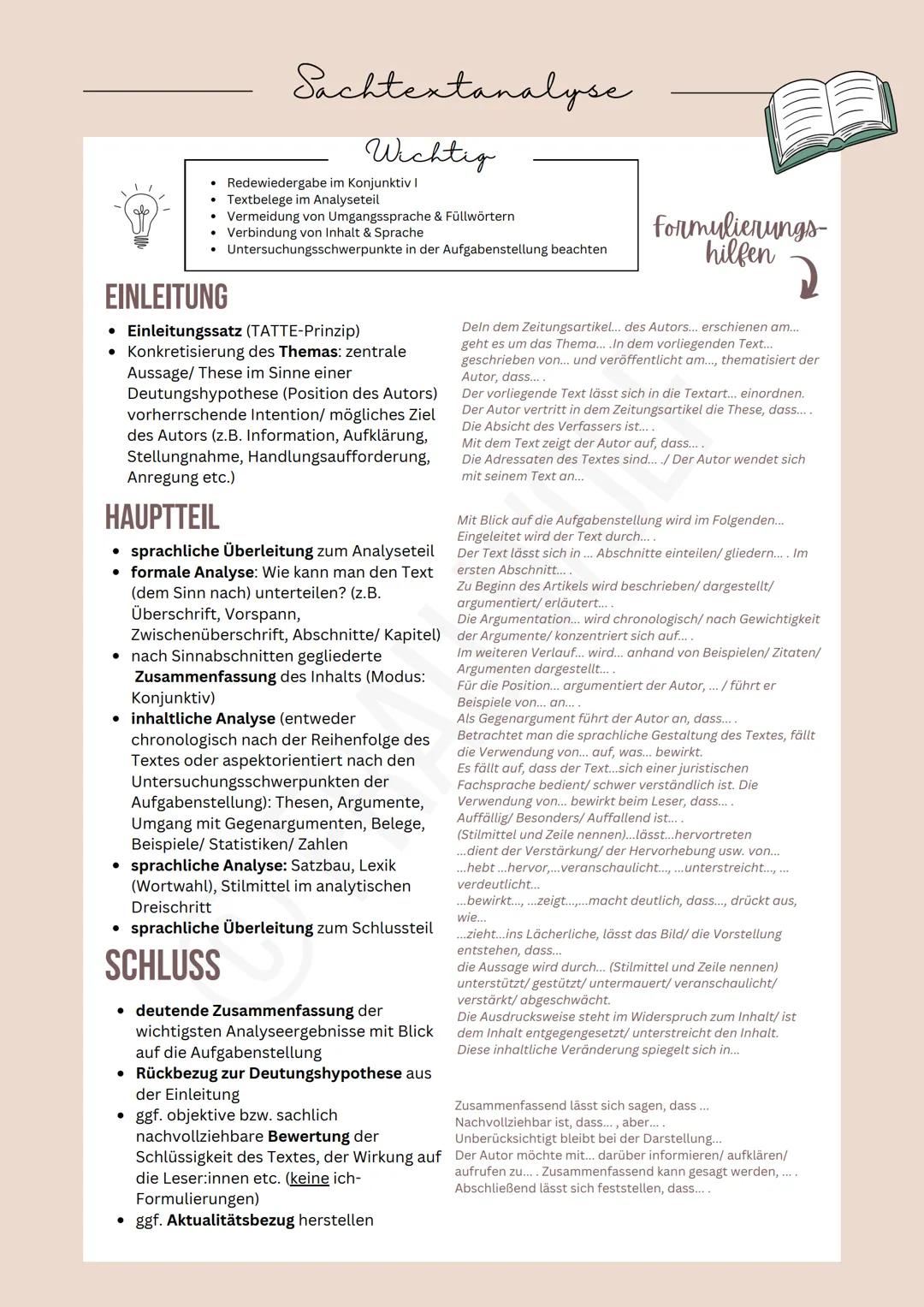 Sachtextanalyse
Wichtig
Redewiedergabe im Konjunktiv I
• Textbelege im Analyseteil
•
Vermeidung von Umgangssprache & Füllwörtern
Verbindung