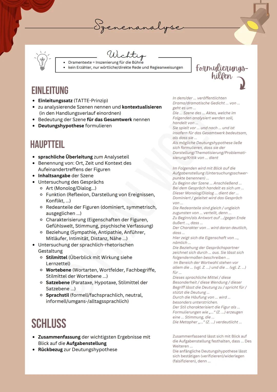 Szenenanalyse
Wichtig
Dramentexte = Inszenierung für die Bühne
⚫kein Erzähler, nur wörtliche/direkte Rede und Regieanweisungen
formulierungs