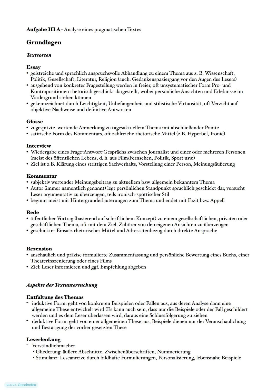 Aufgabe III A- Analyse eines pragmatischen Textes
Grundlagen
Textsorten
Essay
• geistreiche und sprachlich anspruchsvolle Abhandlung zu eine