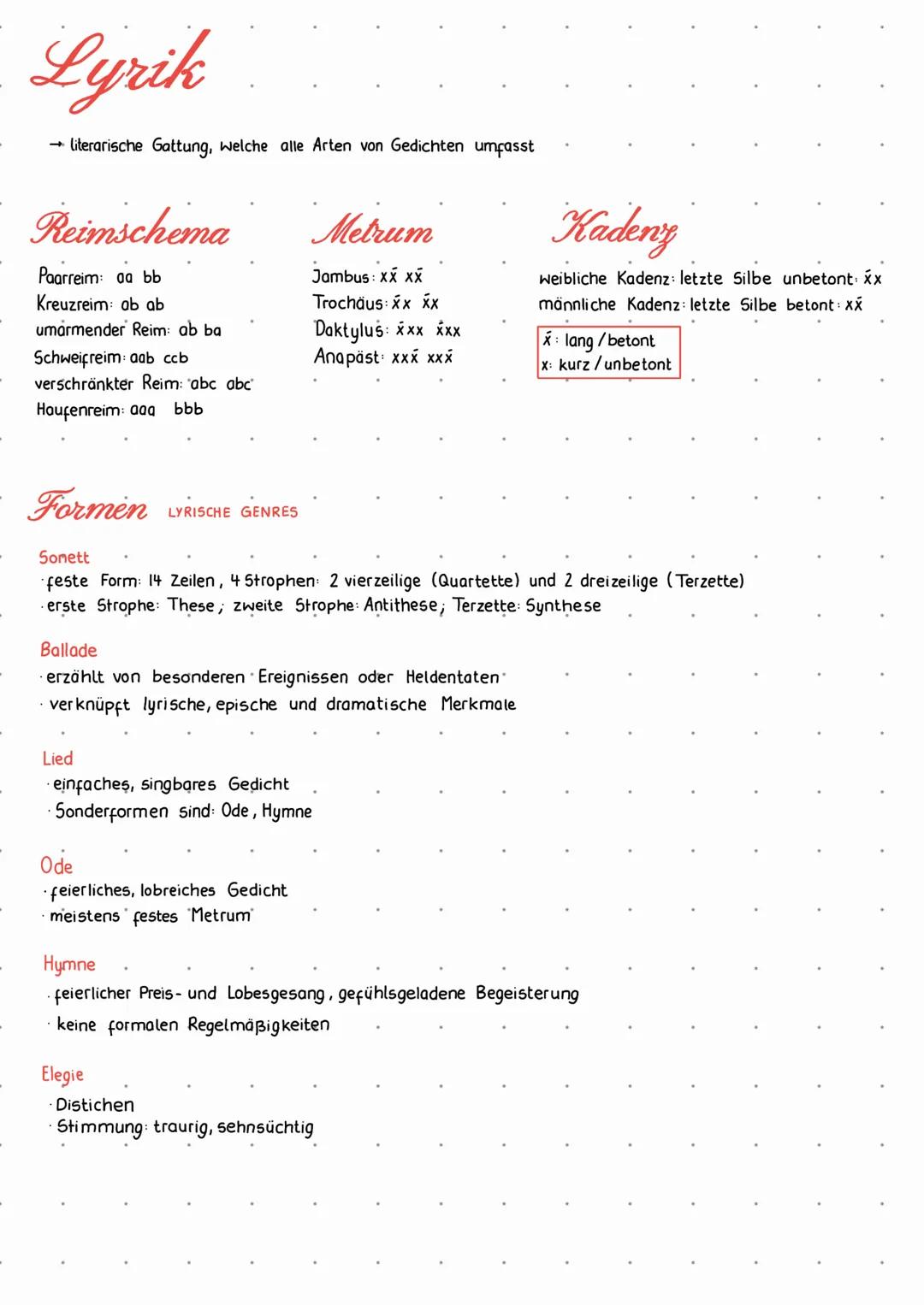 # Lyrik
- literarische Gattung, welche alle Arten von Gedichten umfasst
# Reimschema
Paarreim: aa bb
Kreuzreim ob ab
umarmender Reim: a