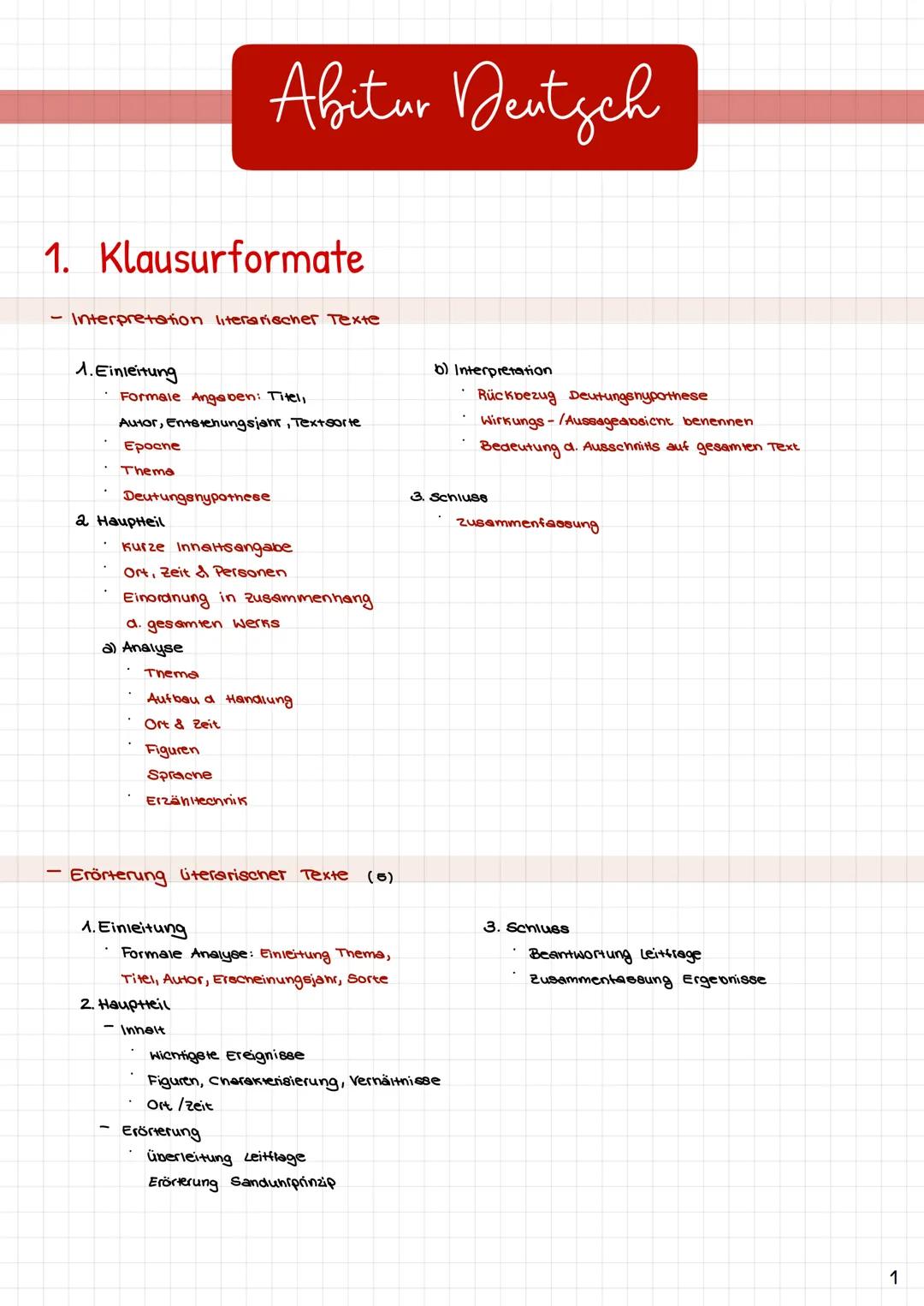 # Abitur Deutsch
1. Klausurformate
- Interpretation literarischer Texte
1. Einleitung
* Formale Angaben: Titel,
* Autor, Entsteh