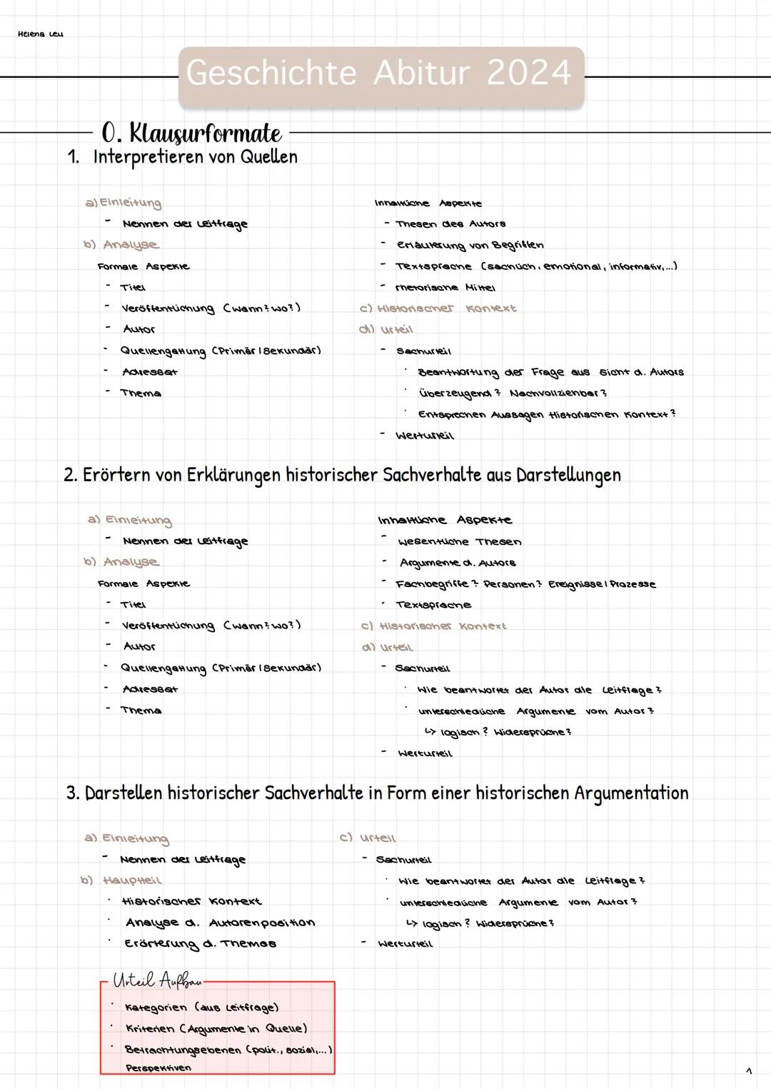Helena
# Geschichte Abitur 2024
O. Klausurformate
1. Interpretieren von Quellen
a) Einleitung
- Nennen der Leitfrage
b) Analyse
Formale