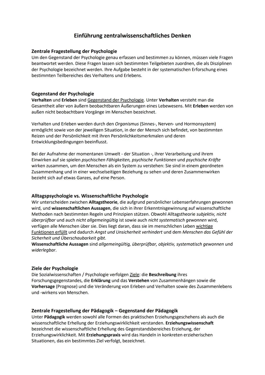 Themen:
PäPsy Abitur 2024
Zusammenfassung
Einführung zentralwissenschaftliches Denken
- zentrale Fragestellung der Psychologie - Gegenstand