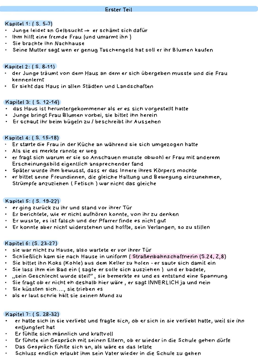 Erster Teil
Kapitel 1: (S. 5-7)
- Junge leidet an Gelbsucht er schämt sich dafür
- Ihm hilft eine fremde Frau (und umarmt ihn)
- Sie bracht
