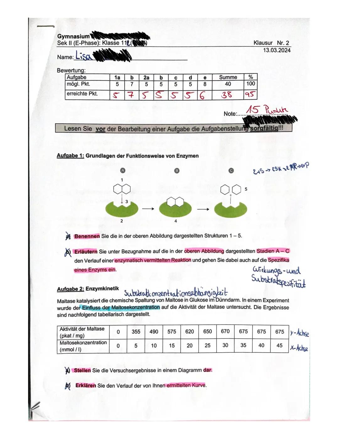 Klausur Enzymatik Klasse 11, 15P
