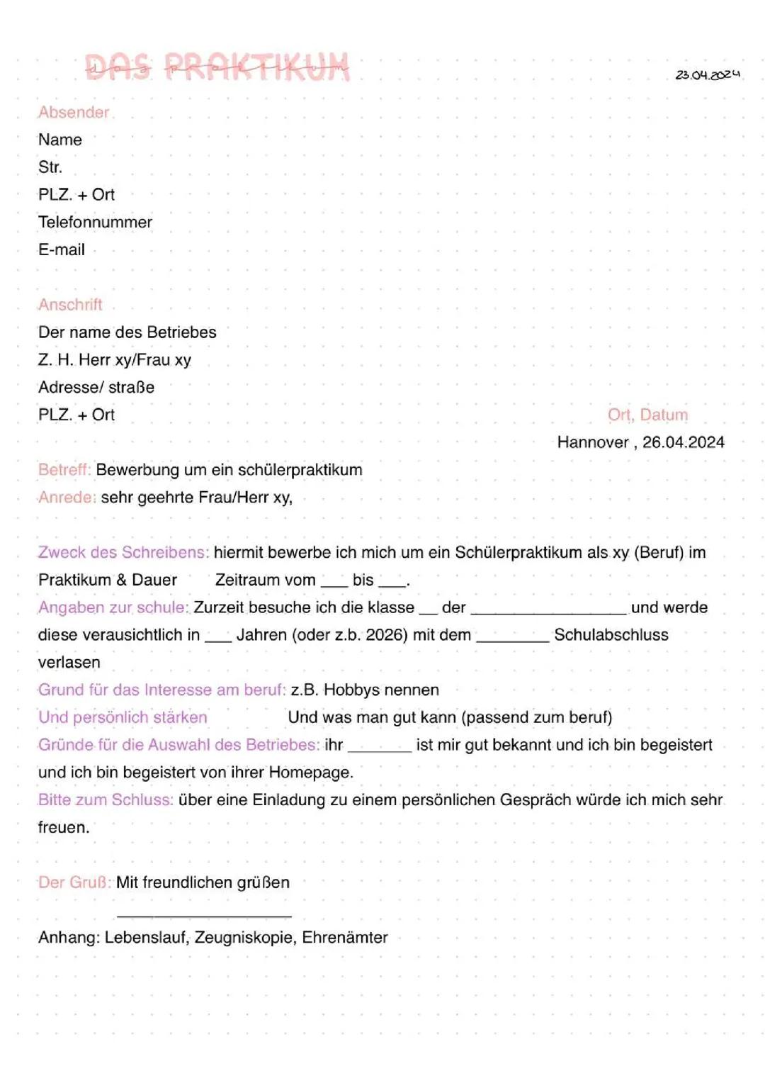 Praktikums Bewerbung