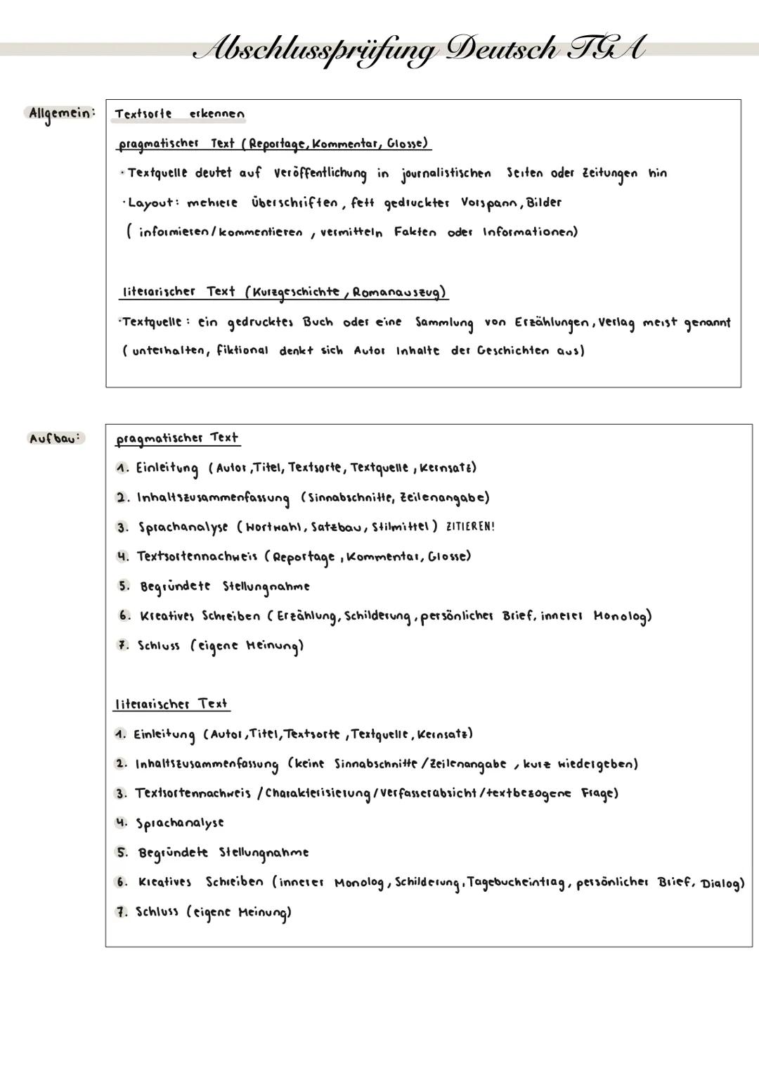 Abschlussprüfung Deutsch TGA
Allgemein: Textsorte erkennen
pragmatischer Text (Reportage, Kommentar, Glosse)
· Textquelle deutet auf veröffe