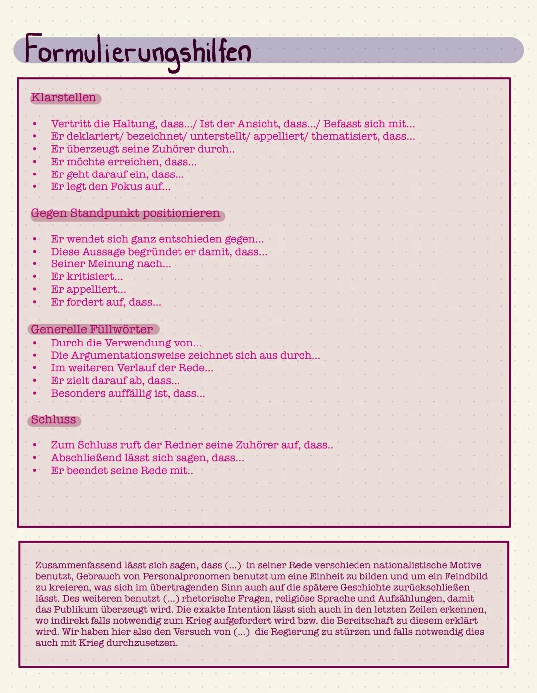 Redeanalyse (Aufbau, Formulierungshilfen, Reth. Mittel)
Einleitung
> Textart (Ausschnitt ?), Autor (+ Information zur Person), Datum, Ort, T