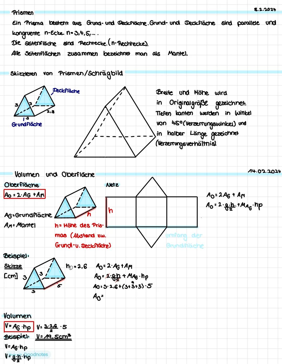 Prismen
8.2.2024
Ein Prisma besteht aus Grund- und Deck Fläche. Grund- und Deckfläche sind parallele und
kongruente n-Ecke. n-3,4,5,....
Die