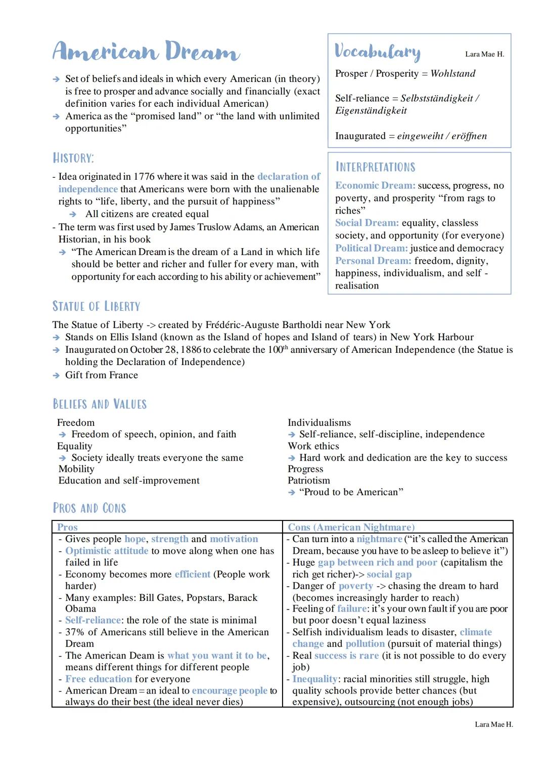 American Dream
→ Set of beliefs and ideals in which every American (in theory)
is free to prosper and advance socially and financially (exac