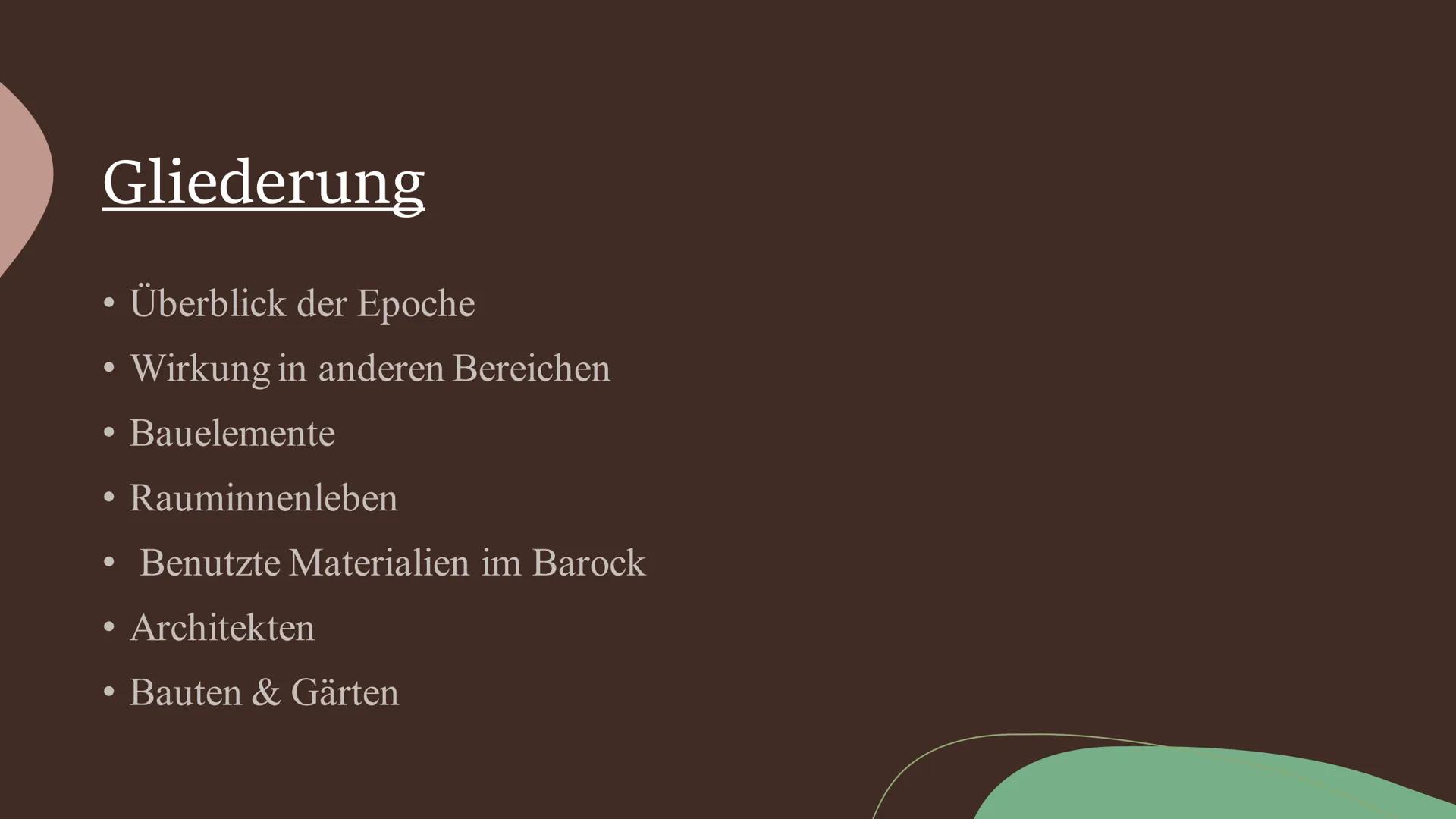 # Architektur
in der
Barockepoche Gliederung
• Überblick der Epoche
• Wirkung in anderen Bereichen
• Bauelemente
• Rauminnenleben
• Benut