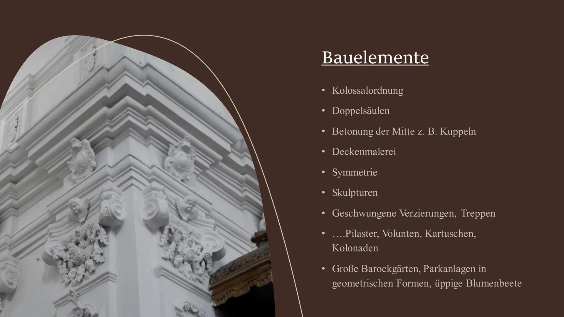 # Architektur
in der
Barockepoche Gliederung
• Überblick der Epoche
• Wirkung in anderen Bereichen
• Bauelemente
• Rauminnenleben
• Benut
