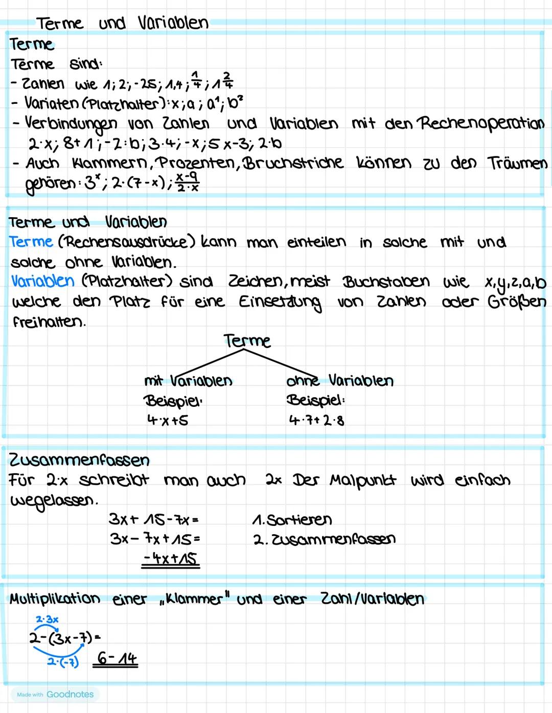 Terme und Variablen
Terme
Terme sind:
- Zanien wie 1; 2; -25; 1,4; 14; 1²¾
-
- Variaten (Platzhalter):x;a; a₁; b²
- Verbindungen von Zahlen