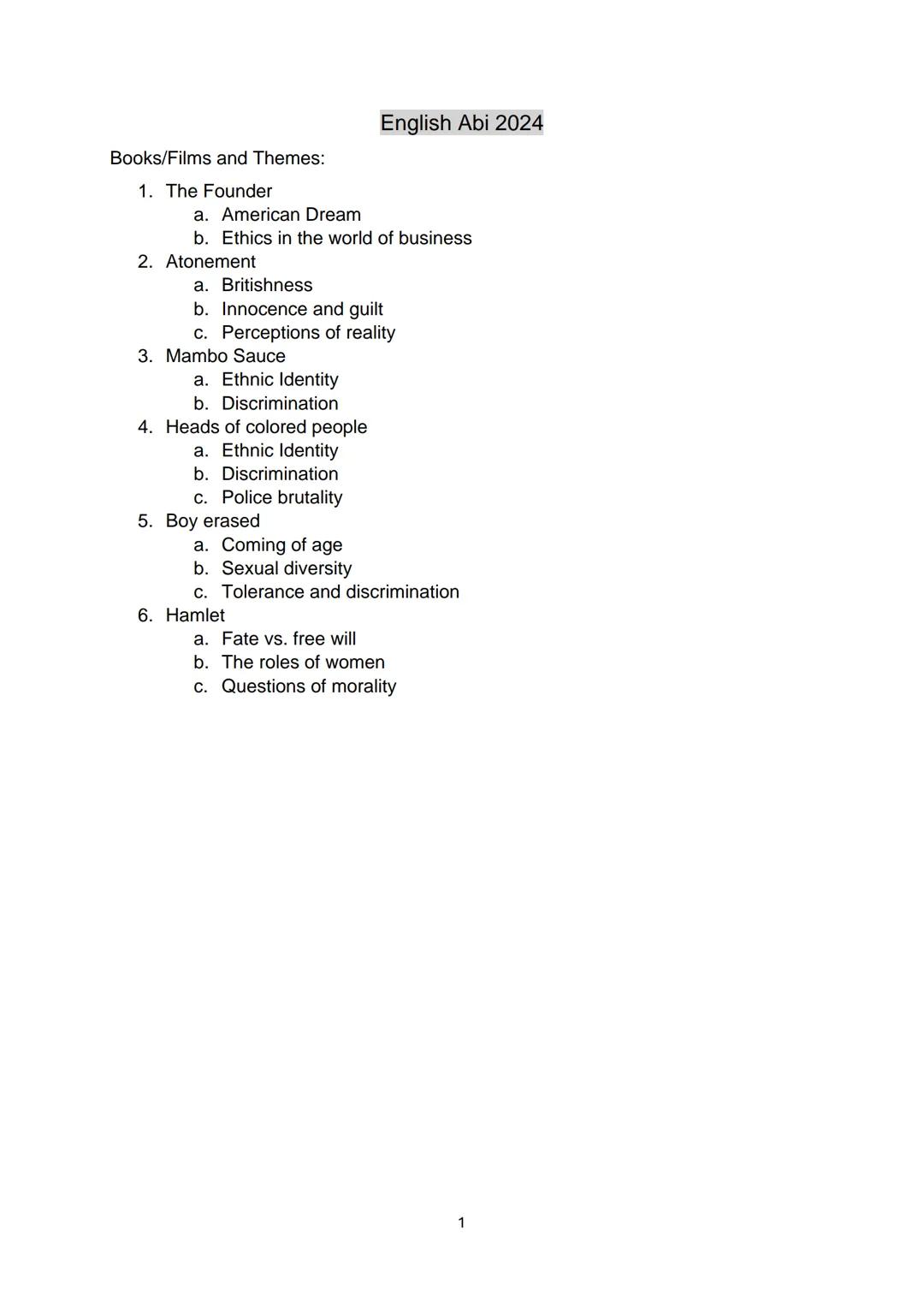 Books/Films and Themes:
1. The Founder
a. American Dream
English Abi 2024
b. Ethics in the world of business
2. Atonement
a. Britishness
b.