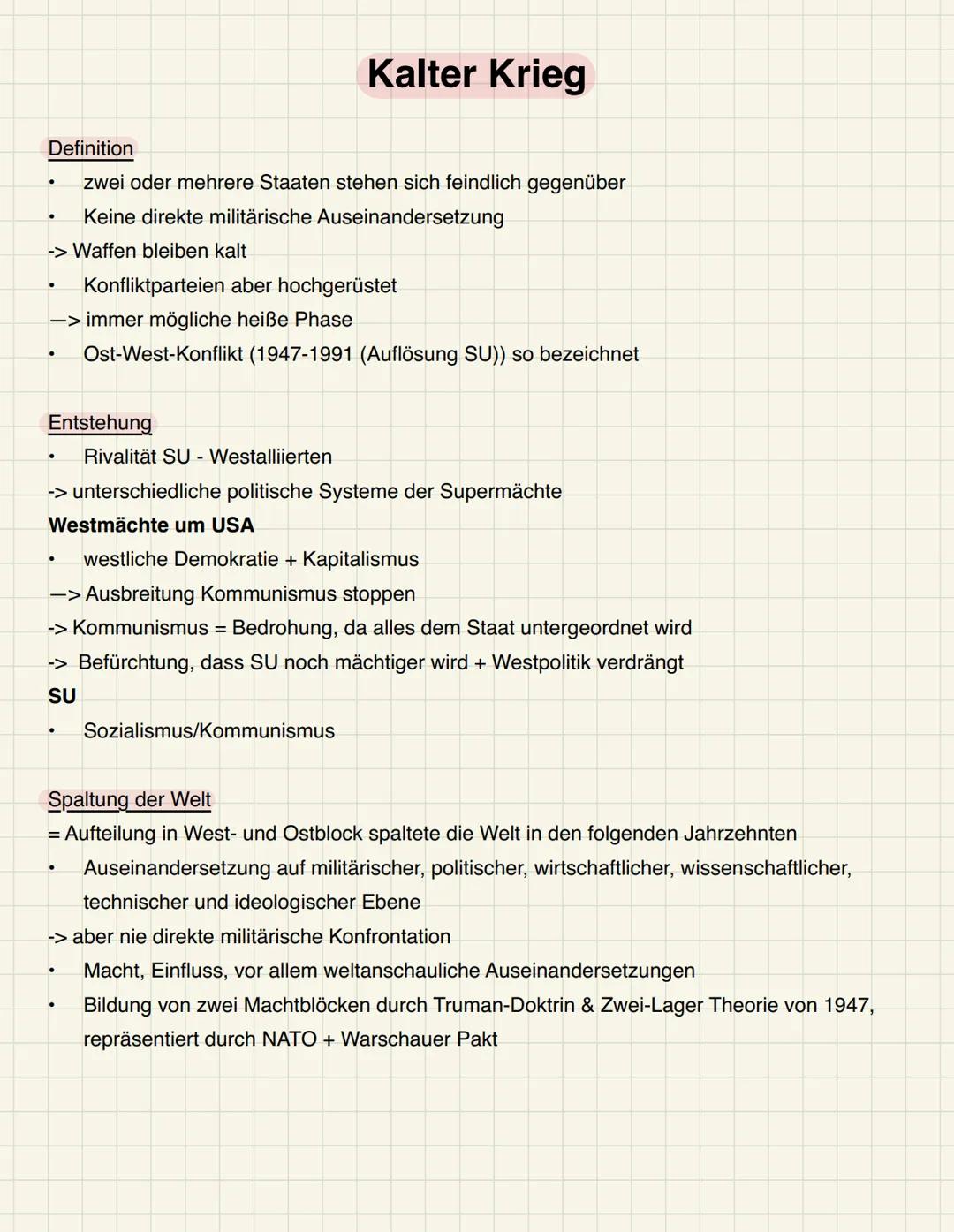 # Kalter Krieg
Definition
- zwei oder mehrere Staaten stehen sich feindlich gegenüber
- Keine direkte militärische Auseinandersetzung
-> Wa